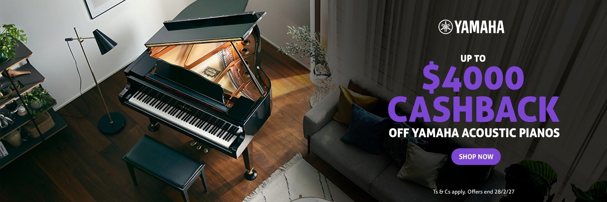 Yamaha grand piano in a living room. Up to $4,000 cashback off Yamaha acoustic pianos. Ts & Cs apply. Offer ends 28/2/27.